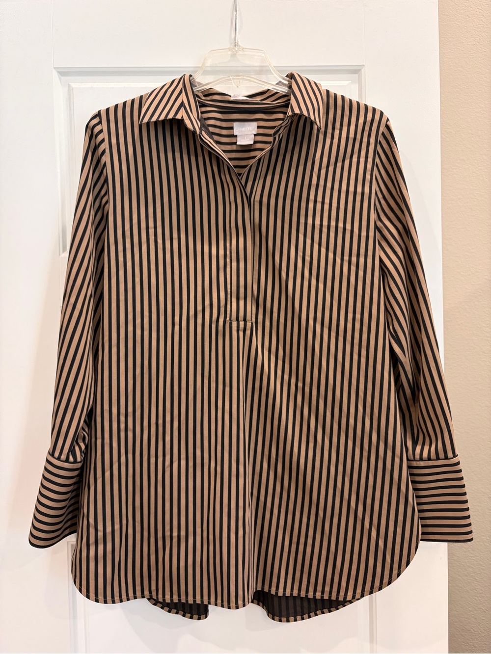 Chico's Black and Tan Vertical Stripe Button-Front Shirt